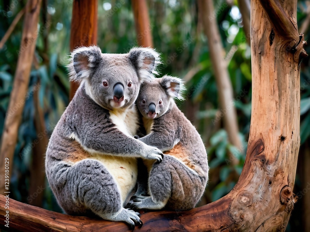 Naklejka premium Adorable Mother and Baby Koala Resting in Eucalyptus Tree Portrait