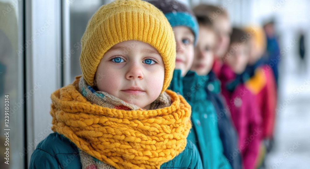 A group of children dressed in warm, colorful winter clothing happily lines up outdoors, showcasing their bright hats and scarves on a snowy day A group of children dressed in warm, colorful winter clothing happily lines up outdoors, showcasing their bright hats and scarves on a snowy day