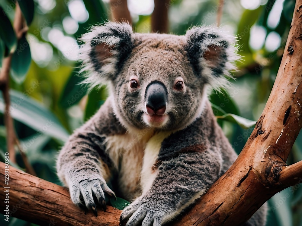 Obraz premium Adorable Koala Resting in Eucalyptus Tree Showcasing Australia's Wildlife Conservation Efforts