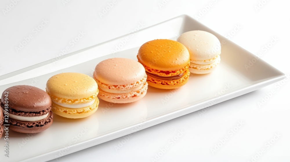 Fototapeta premium A tray of assorted colorful macarons on a white table, vibrant and artistic dessert composition