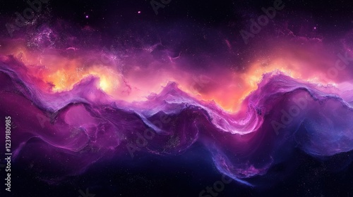 Vibrant cosmic landscape with glowing purple waves and nebula-like textures