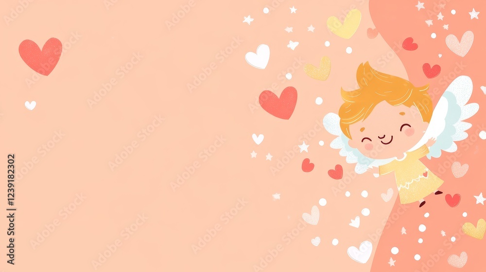 A heartwarming cartoon depiction of a cute cupid angel gliding on soft white clouds, adorned with red hearts that signify love, romance, and festive happiness A heartwarming cartoon depiction of a cute cupid angel gliding on soft white clouds, adorned with red hearts that signify love, romance, and festive happiness