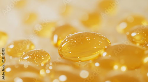 Close-up shot of yellow fish oil softgel.