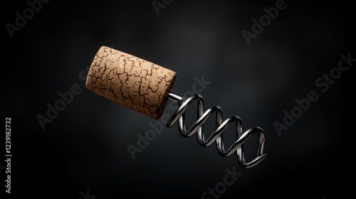 A dynamic composition of a cork mid-removal, with focus on the spiral design of the corkscrew and subtle shadows on the cork. photo