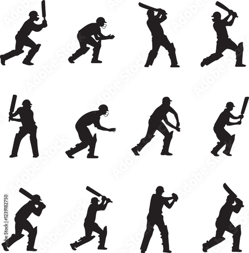 A collection of silhouette illustrations showcasing various cricket player positions and actions.