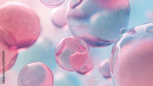 closeup view of rosy fluid spheres hovering in dreamy pastel gradient with glossy reflections copyspace concept for biotech medical and healthcare