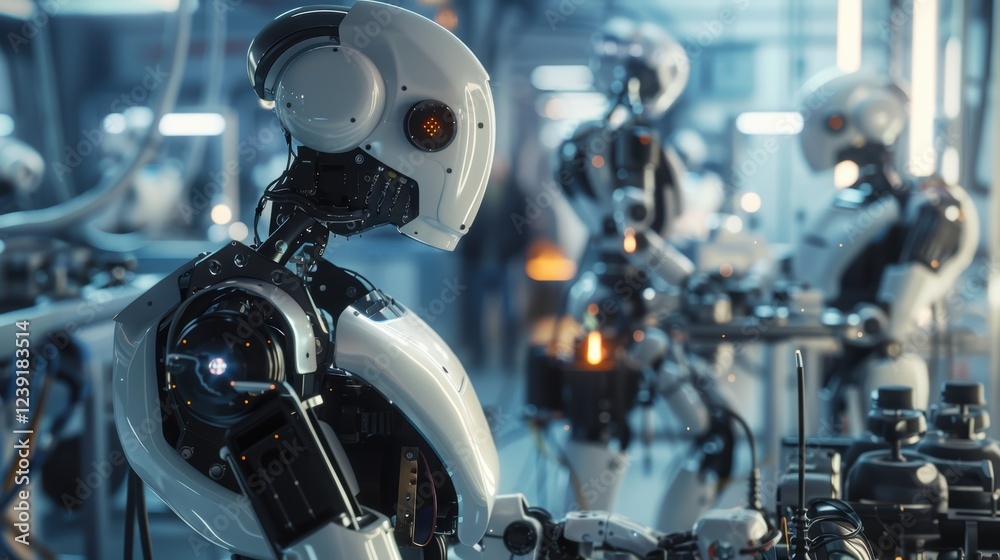 Fototapeta premium High-Tech Robotic Assembly Line in a Modern Industrial Facility for Precision Manufacturing