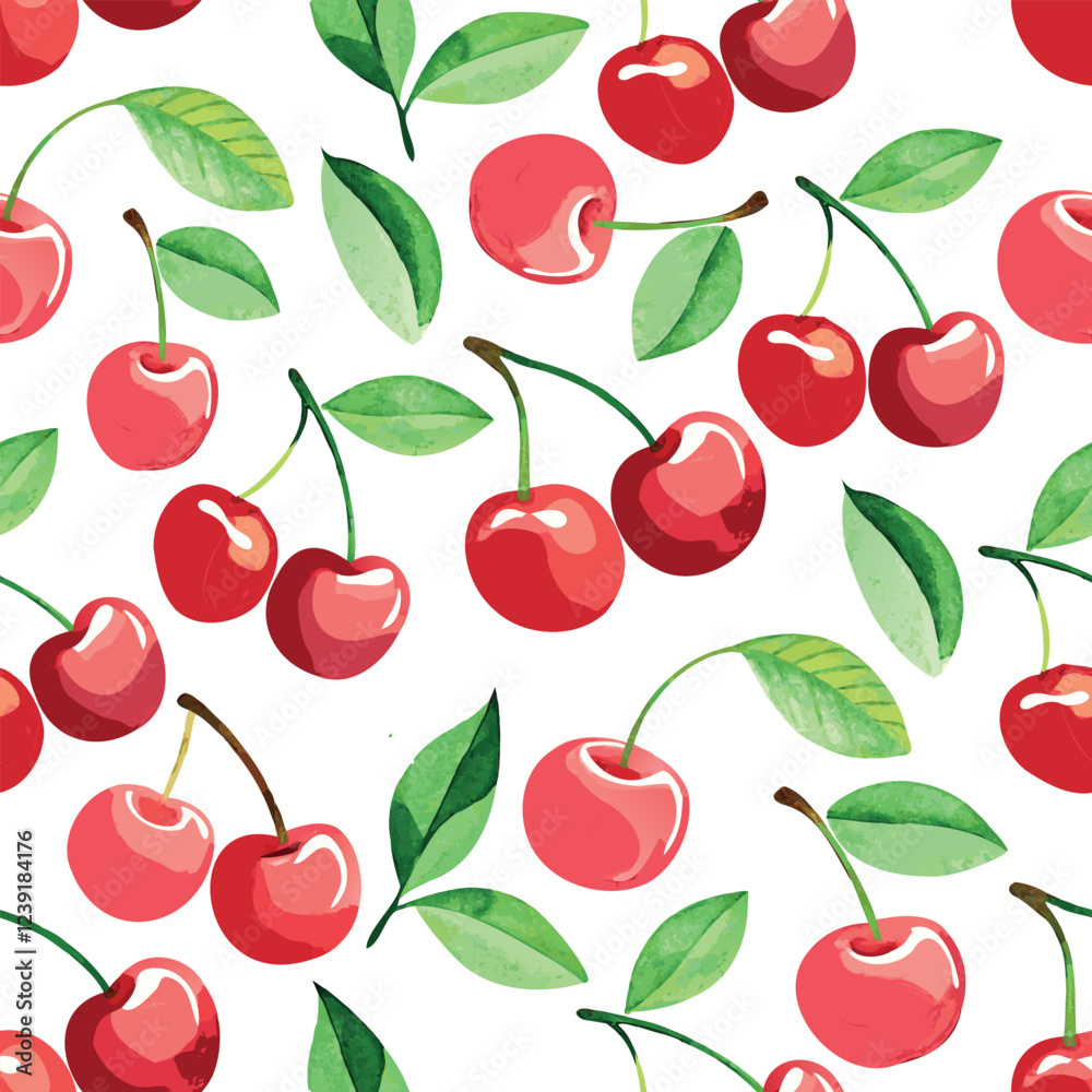 Classic watercolor red cherries on white background seamless vector pattern Classic watercolor red cherries on white background seamless vector pattern