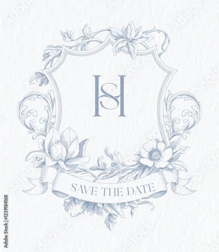 Wedding monogram with HS initials. Floral monogram crest design. Elegant wedding crest design.