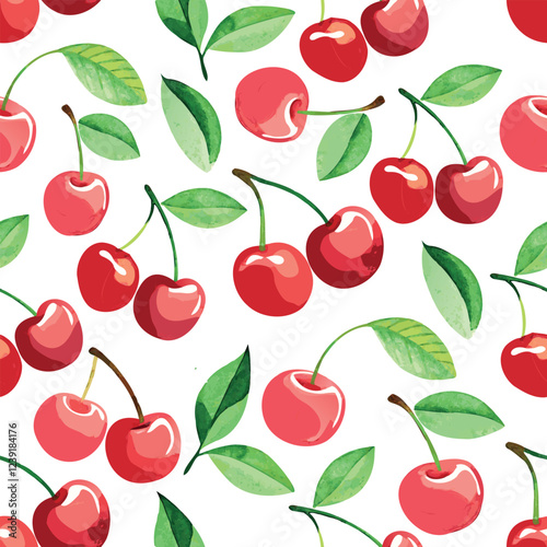 Classic watercolor red cherries on white background seamless vector pattern