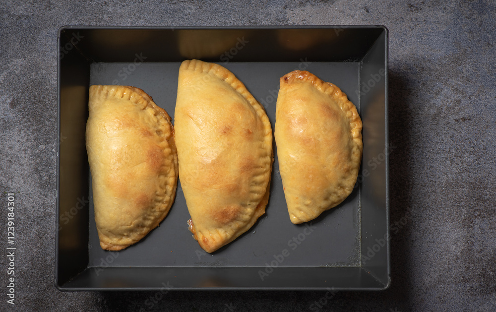 Golden-baked empanadas on a black tray
