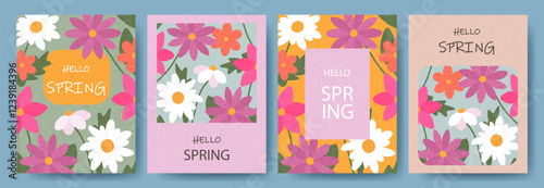 Spring cards set or posters for the spring holiday with wildflowers. Hand drawn floral frames and templates for Womens Day March 8, birthday and Mothers Day
