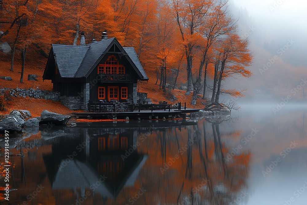 Fototapeta premium Autumnal Lakeside Cabin Nestled Amongst Orange Trees