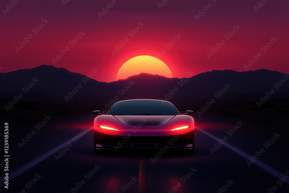 Fototapeta premium Sunset drive on a quiet road with a sleek car against a vibrant sky