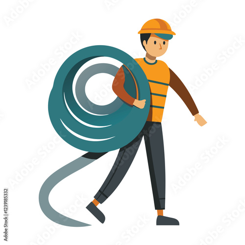 Construction Worker Holding Large Coil of Tubing - Vector Illustration, Cartoon, Clipart & Line Art.eps