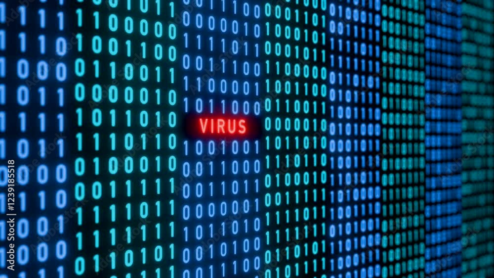 Computer virus warning sign, binary code with red signal, cyber crime ...