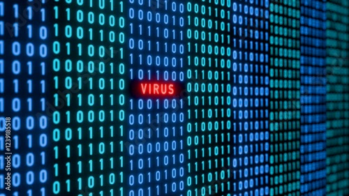 Computer virus warning sign, binary code with red signal, cyber crime. Damaged, malfunction, zero and one, problems, bit, byte, error, system failure. 3D animation photo