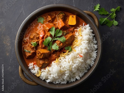 Madras Curry Meatballs with Rice and Cilantro Lime Garnish in a Bowl