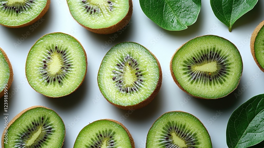 Fototapeta premium A row of thinly sliced green kiwifruit,