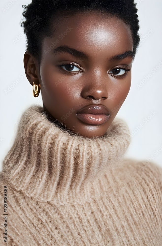 Beautiful girl portrait in cozy sweater with fancy earrings looking at the camera, generative AI Beautiful girl portrait in cozy sweater with fancy earrings looking at the camera, generative AI