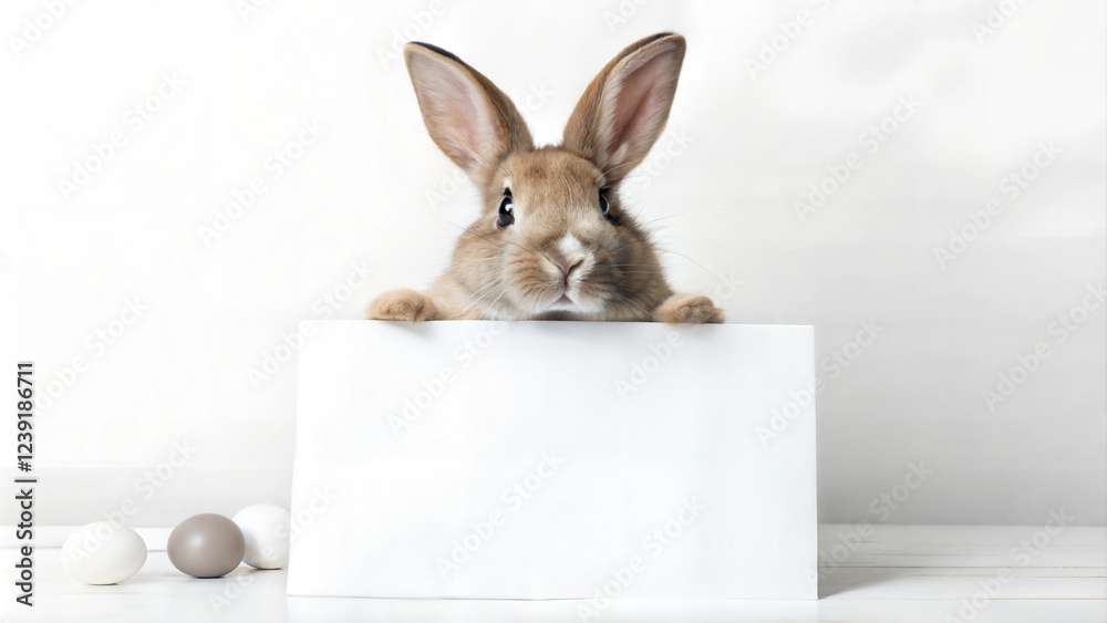 Obraz premium Brown rabbit peeking over a blank white sign with ears up in a playful pose