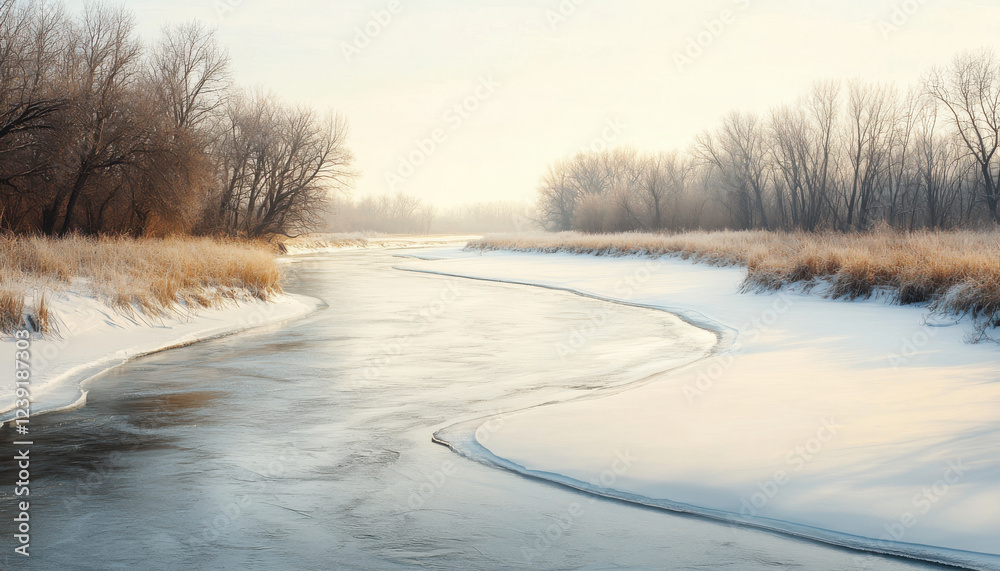 Fototapeta premium tranquil scene of frozen river winding through snowy landscape