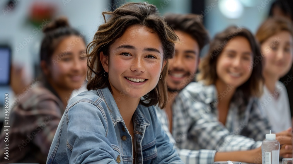 Obraz premium Portrait of a young businesswoman smiling confidently during a team meeting in the office, embodying collaboration and positive energy