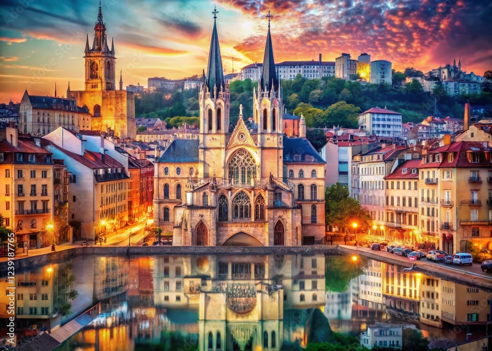 Fototapeta premium Saint Georges Church and District in Lyon, France: A Historic Tapestry of Architecture and Culture