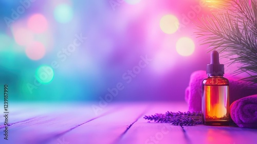 abstract background with a calming spa setup  lavender oils, candles, and herbal teas, vibrant purple and green tones, clean and professional minimalist layout photo