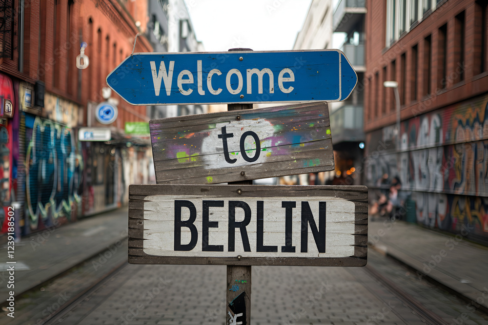 Obraz premium Welcome to Berlin – Wooden Road Sign, Germany