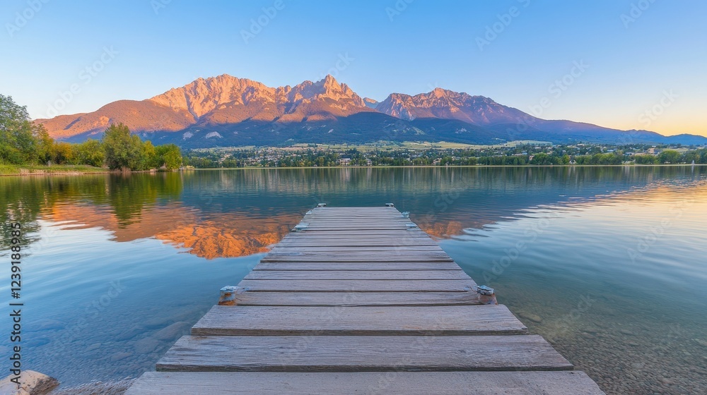 Old wooden jetty surrounded by still waters at sunrise, vibrant natural tones and warm sky reflections creating a peaceful setting Old wooden jetty surrounded by still waters at sunrise, vibrant natural tones and warm sky reflections creating a peaceful setting
