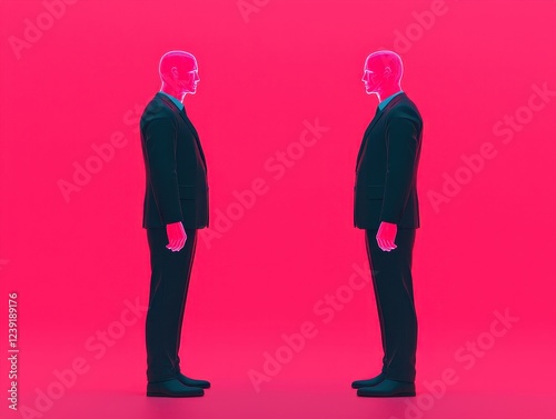 Two suited figures face each other against a vibrant pink background, creating a striking visual contrast. photo