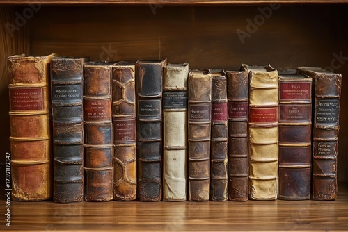 Antique Leather Bound Books Collection on Wooden Shelf in Warm Light