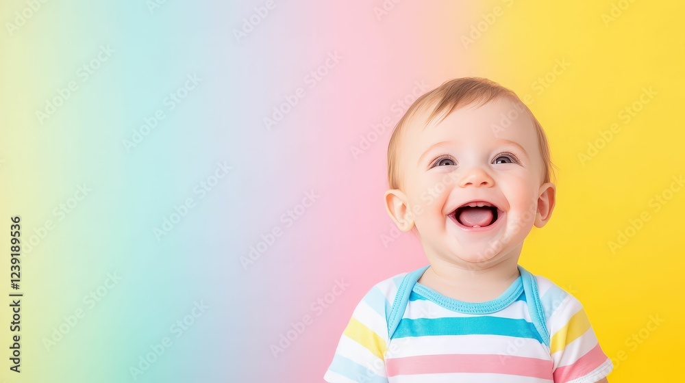 Happy baby on colorful pastel background - joyful lifestyle and childhood concept Happy baby on colorful pastel background - joyful lifestyle and childhood concept