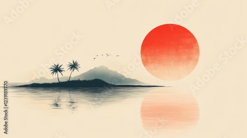 vintage poster featuring bold graphic illustrations of tropical beaches