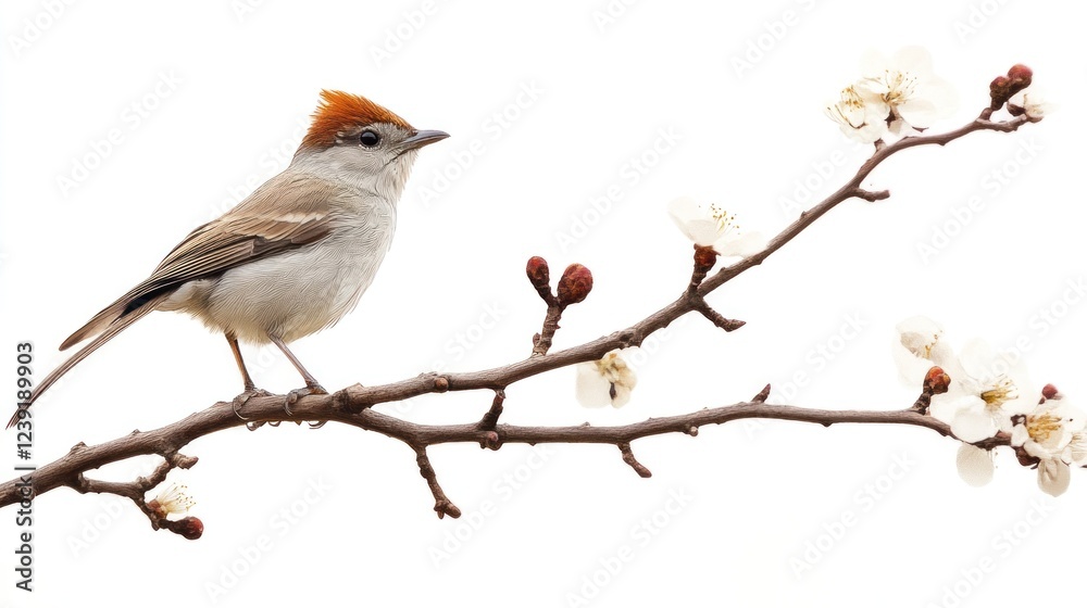 Chestnut-crowned Babbler perched on flowering branch, spring scene, nature photography, ideal for calendars Chestnut-crowned Babbler perched on flowering branch, spring scene, nature photography, ideal for calendars