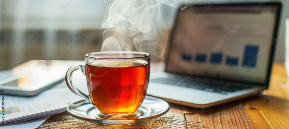 Cozy Office Desk with Financial Documents, Laptop Displaying Graph, and Steaming Cup of Tea Cozy Office Desk with Financial Documents, Laptop Displaying Graph, and Steaming Cup of Tea