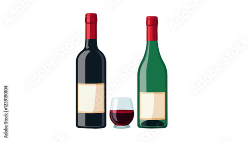 Two Wine Bottles with Glass in the Center Illustration on White Background