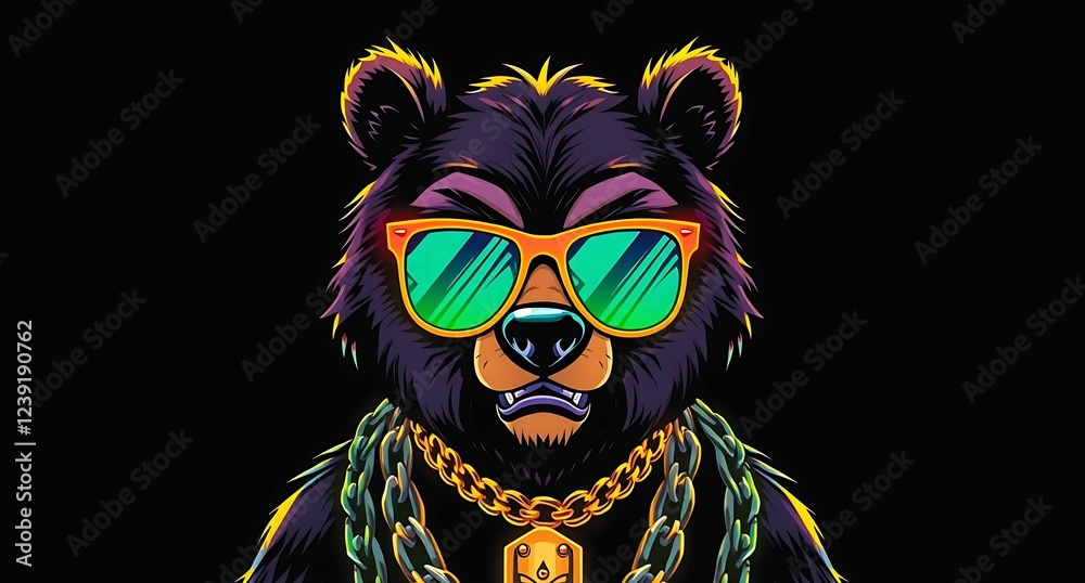 Fototapeta premium bear wearing sun glasses and gold chain with black background 