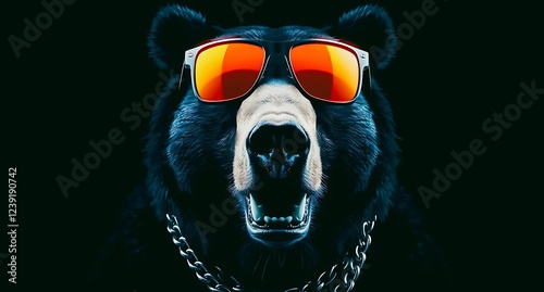 bear wearing  sun glasses and chain with black background  