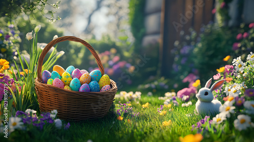 un jardin colorido con una cesta y canasta con huevos decorados de pascua coloridos con un conejo de pascua adorable en el pasto con flores coloridas