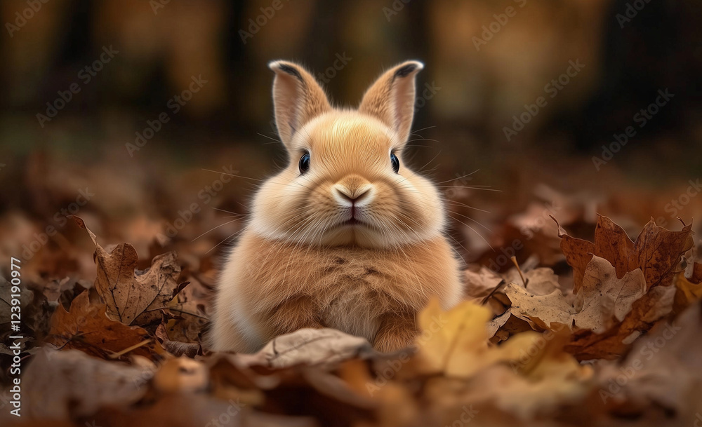 Obraz premium Cute brown bunny rabbit face sits in rustic leaves meadow Illustration Easter nature concept.