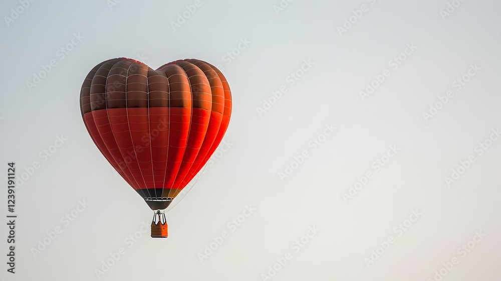 Fototapeta premium A single heart-shaped hot air balloon drifting in the sky against pure white background