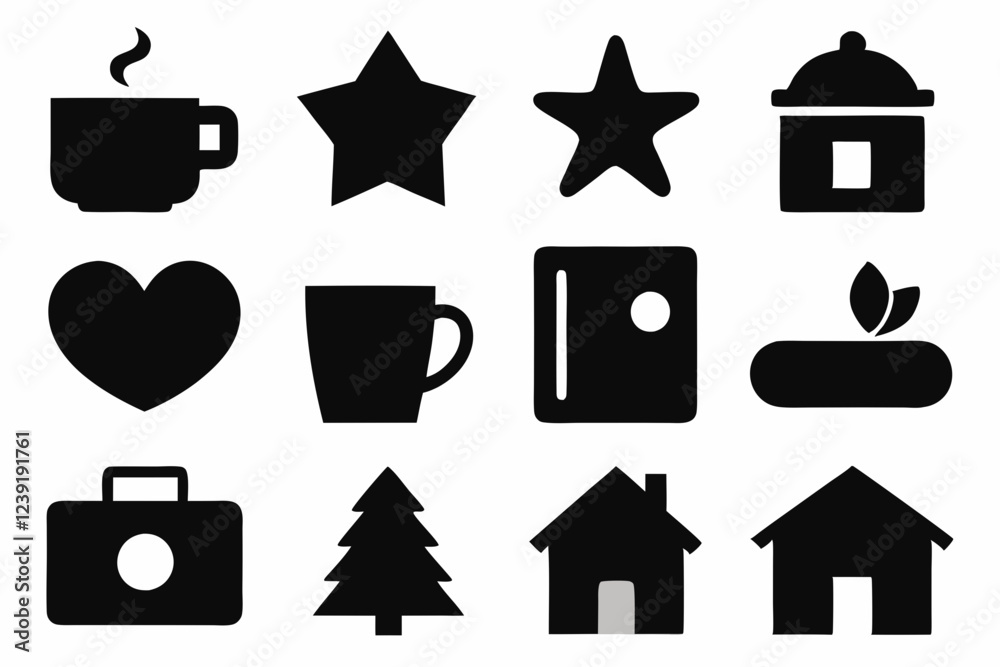 set of house icons, Christmas tree icons, white profile tree icons, cup icon, car icon , coffee icon, cupe icon, vector silhouette illustration set of house icons, Christmas tree icons, white profile tree icons, cup icon, car icon , coffee icon, cupe icon, vector silhouette illustration