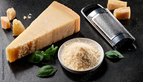sliced and grated parmesan cheese on stone table
