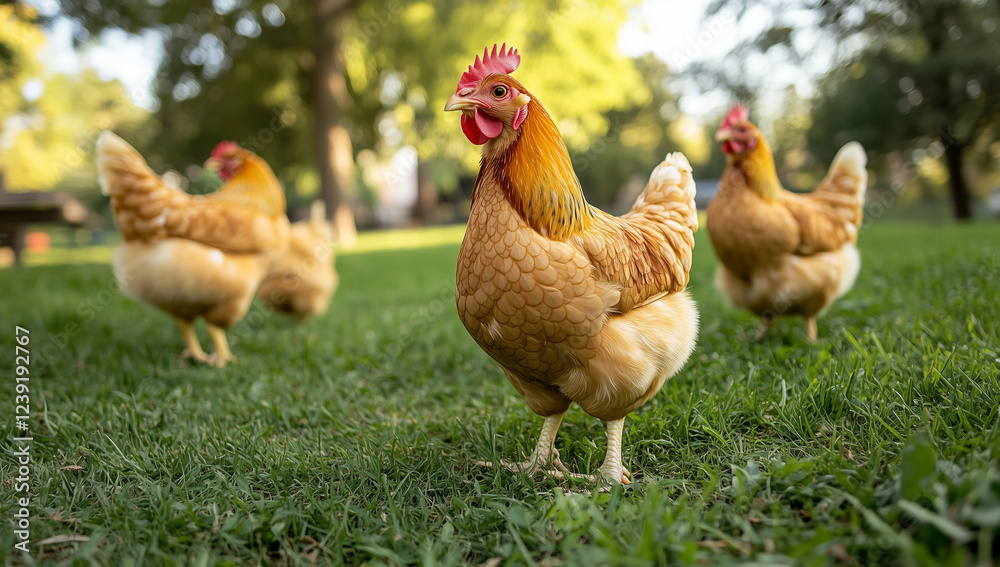 Fototapeta premium Cute chickens standing on fresh green grass in soft spring sunlight