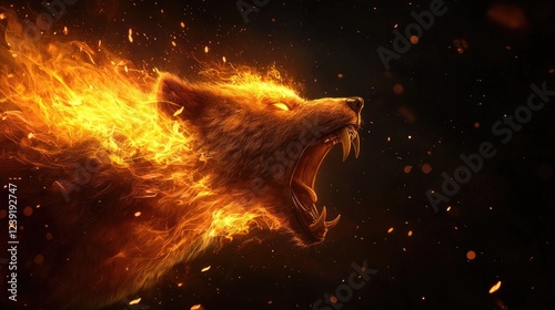 Fiery Wolf Roaring in Flames Against Dark Backdrop photo