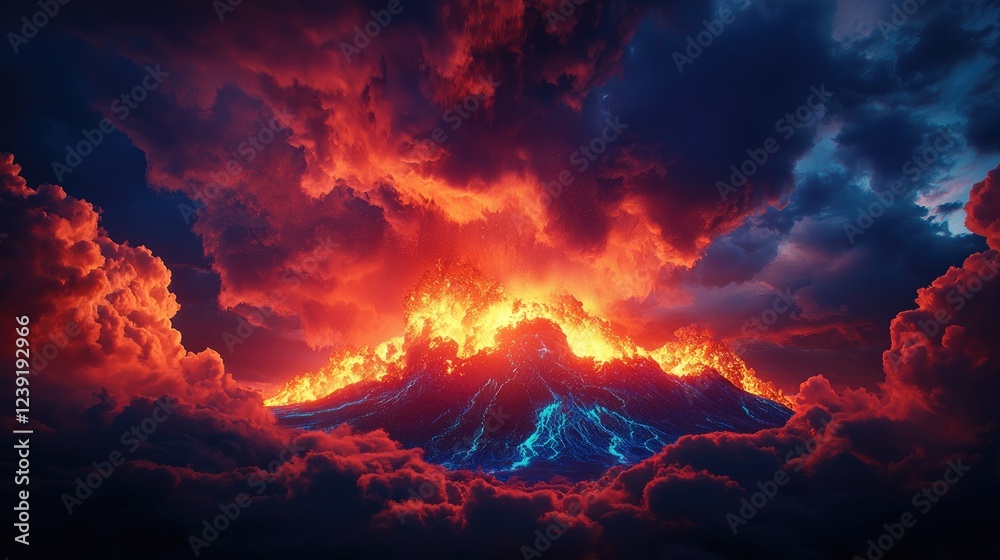 Fototapeta premium Erupting Volcano under Dramatic Sky with Fiery Lava and Clouds