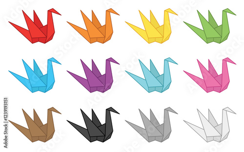 Folded Paper Crane or Origami Birds Clipart in Rainbow Colors, on a Transparent Background