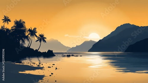 vintage poster featuring bold graphic illustrations of tropical beaches